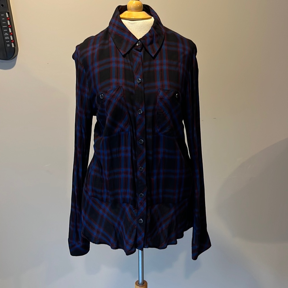 Cabi plaid (black, blue, maroon) button down with adorable flounce/ruffle bottom